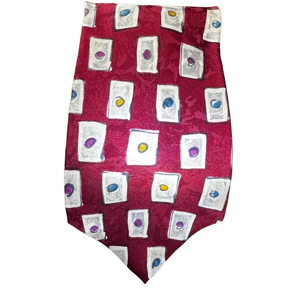 OSCAR DE LA RENTA RED WITH MULTI-COLORED GEOMETRIC SHAPES IMPORTED SILK TIE